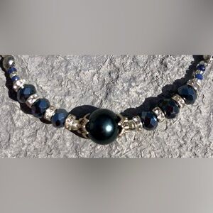 Handcrafted Navy & silver necklace-clear rhinestones silver chain upcycled  18”